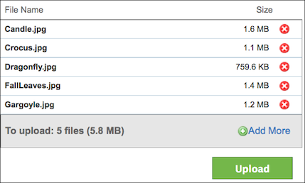 The Uploader interface, showing a list of files queued for uploading.